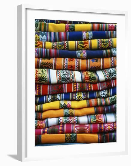 Stack of Colorful Blankets for Sale in Market, Peru-Jim Zuckerman-Framed Photographic Print