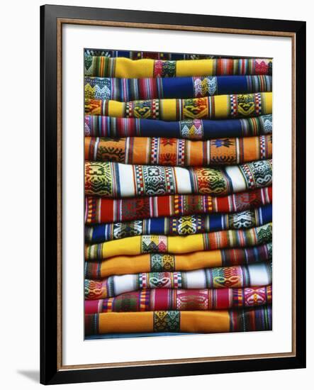 Stack of Colorful Blankets for Sale in Market, Peru-Jim Zuckerman-Framed Photographic Print