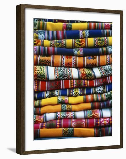 Stack of Colorful Blankets for Sale in Market, Peru-Jim Zuckerman-Framed Photographic Print