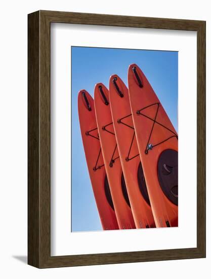 Stacked red kayaks on a beach, Florida, USA-Jim Engelbrecht-Framed Photographic Print