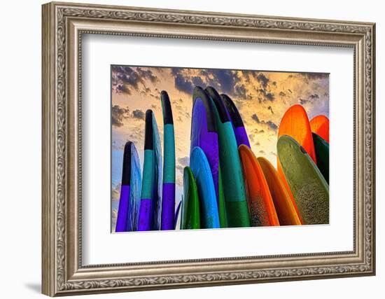 Stacked surf boards at sunset after a day of surf school in Canggu, Bali, Indonesia-Greg Johnston-Framed Photographic Print