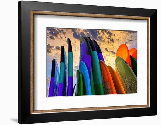 Stacked surf boards at sunset after a day of surf school in Canggu, Bali, Indonesia-Greg Johnston-Framed Photographic Print