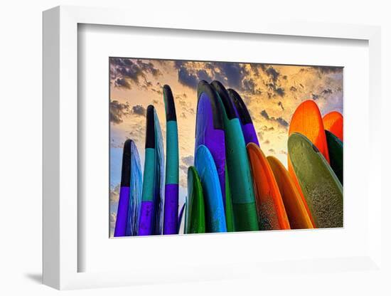 Stacked surf boards at sunset after a day of surf school in Canggu, Bali, Indonesia-Greg Johnston-Framed Photographic Print