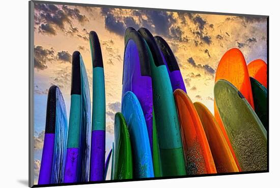 Stacked surf boards at sunset after a day of surf school in Canggu, Bali, Indonesia-Greg Johnston-Mounted Photographic Print