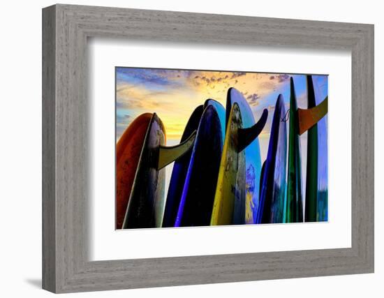 Stacked surf boards at sunset after a day of surf school in Canggu, Bali, Indonesia-Greg Johnston-Framed Photographic Print