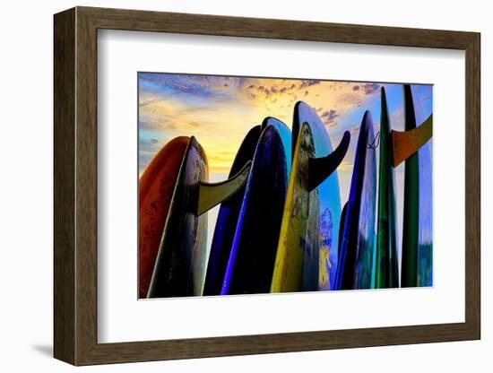 Stacked surf boards at sunset after a day of surf school in Canggu, Bali, Indonesia-Greg Johnston-Framed Photographic Print