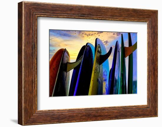 Stacked surf boards at sunset after a day of surf school in Canggu, Bali, Indonesia-Greg Johnston-Framed Photographic Print