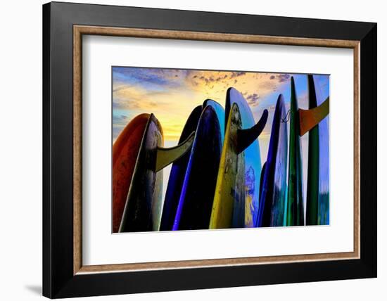 Stacked surf boards at sunset after a day of surf school in Canggu, Bali, Indonesia-Greg Johnston-Framed Photographic Print