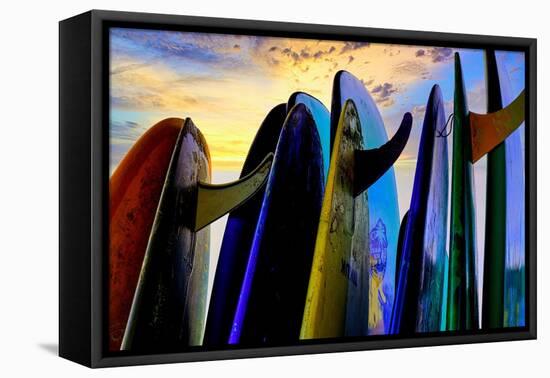 Stacked surf boards at sunset after a day of surf school in Canggu, Bali, Indonesia-Greg Johnston-Framed Premier Image Canvas