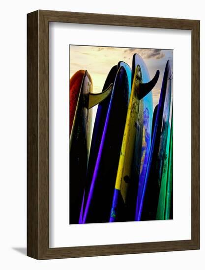 Stacked surf boards at sunset after a day of surf school in Canggu, Bali, Indonesia-Greg Johnston-Framed Photographic Print