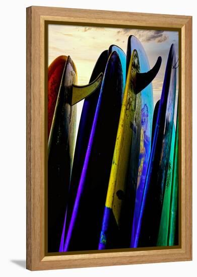 Stacked surf boards at sunset after a day of surf school in Canggu, Bali, Indonesia-Greg Johnston-Framed Premier Image Canvas