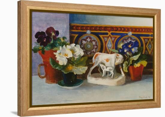 Staffordshire Cow with Primulaes, 2004-Terry Scales-Framed Premier Image Canvas