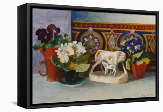 Staffordshire Cow with Primulaes, 2004-Terry Scales-Framed Premier Image Canvas