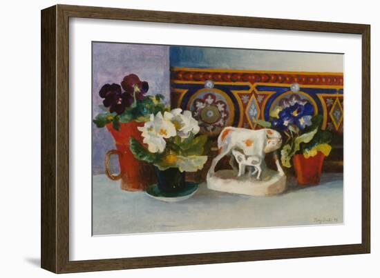 Staffordshire Cow with Primulaes, 2004-Terry Scales-Framed Giclee Print