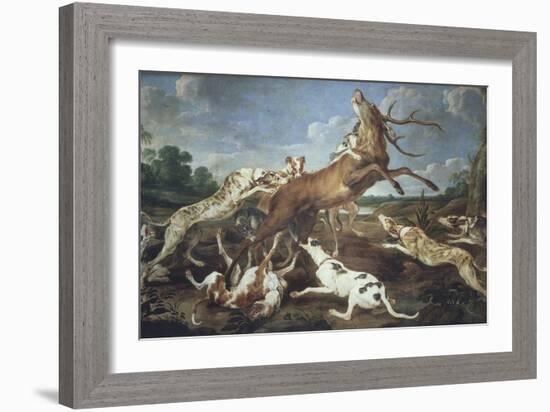 Stag Attacked by Pack of Hounds-Paul De Vos-Framed Giclee Print