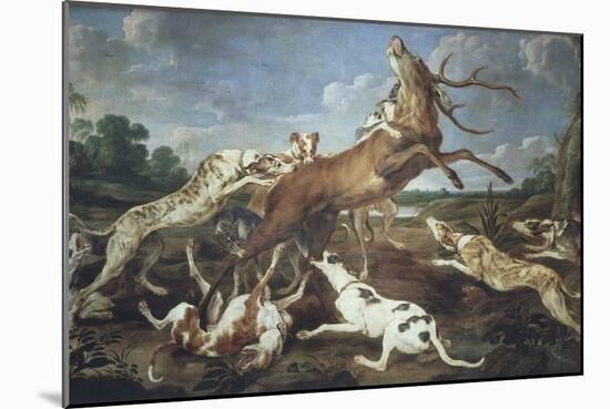 Stag Attacked by Pack of Hounds-Paul De Vos-Mounted Giclee Print