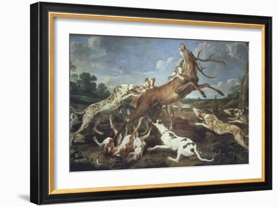 Stag Attacked by Pack of Hounds-Paul De Vos-Framed Giclee Print