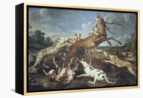 Stag Attacked by Pack of Hounds-Paul De Vos-Framed Premier Image Canvas