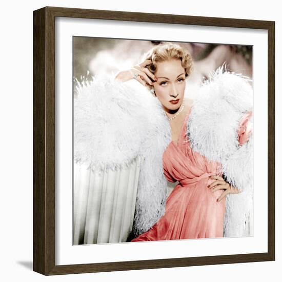 STAGE FRIGHT, Marlene Dietrich wearing a Christian Dior design, 1950-null-Framed Photo