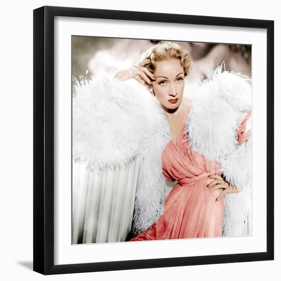 STAGE FRIGHT, Marlene Dietrich wearing a Christian Dior design, 1950-null-Framed Photo