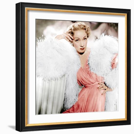 STAGE FRIGHT, Marlene Dietrich wearing a Christian Dior design, 1950-null-Framed Photo