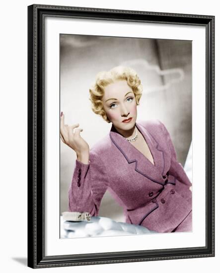 STAGE FRIGHT, Marlene Dietrich, wearing a suit by Christian Dior, 1950-null-Framed Photo