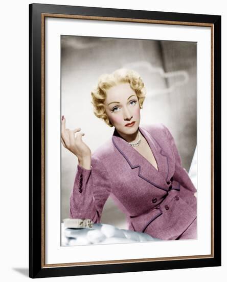 STAGE FRIGHT, Marlene Dietrich, wearing a suit by Christian Dior, 1950-null-Framed Photo