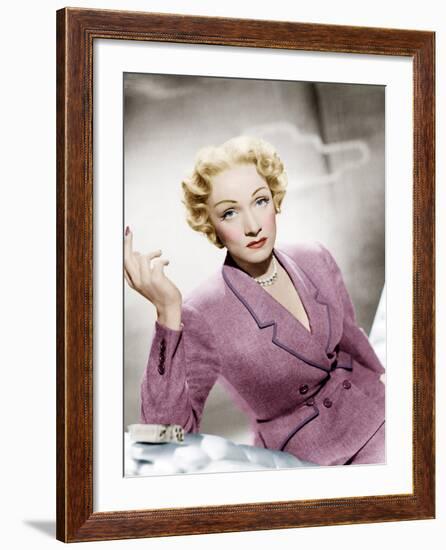 STAGE FRIGHT, Marlene Dietrich, wearing a suit by Christian Dior, 1950-null-Framed Photo