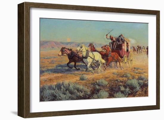 Stagecoach Pursued by Mounted Indians, 1912 (Oil on Canvas)-Richard Lorenz-Framed Giclee Print