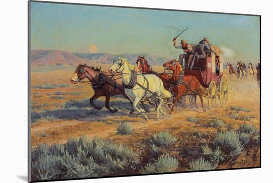 Stagecoach Pursued by Mounted Indians, 1912 (Oil on Canvas)-Richard Lorenz-Mounted Giclee Print