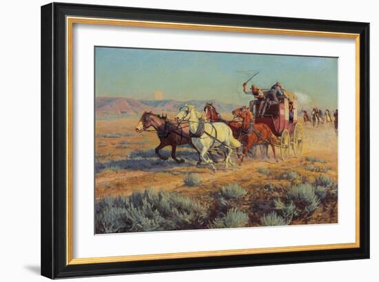 Stagecoach Pursued by Mounted Indians, 1912 (Oil on Canvas)-Richard Lorenz-Framed Giclee Print