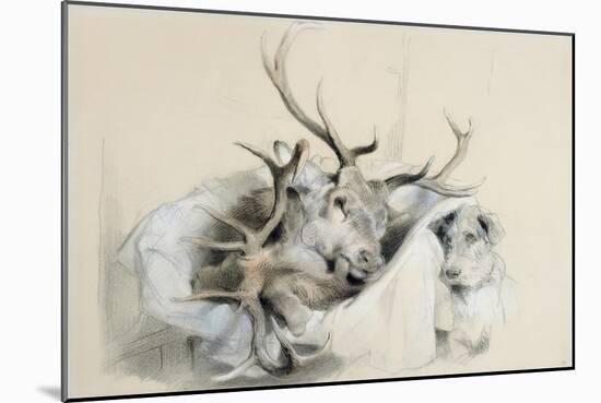 Stags' Heads and Dog, 1857 (Pencil on Paper)-Edwin Henry Landseer-Mounted Giclee Print