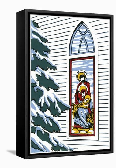 Stained Glass Window of Joseph, Mary and Baby Jesus with Pine Tree Next to It-Crockett Collection-Framed Premier Image Canvas