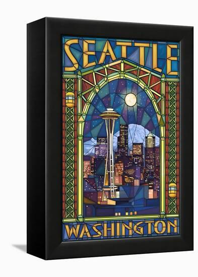 Stained Glass Window - Seattle, WA-Lantern Press-Framed Stretched Canvas