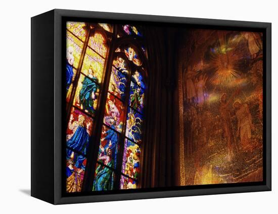 Stained Glass Window Throwing Light on Fresco, St. Vitus Cathedral, Prague, Czech Republic-Richard Nebesky-Framed Premier Image Canvas