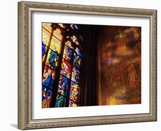 Stained Glass Window Throwing Light on Fresco, St. Vitus Cathedral, Prague, Czech Republic-Richard Nebesky-Framed Photographic Print