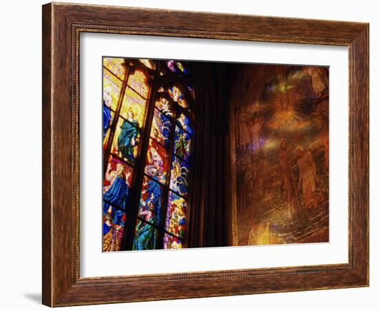 Stained Glass Window Throwing Light on Fresco, St. Vitus Cathedral, Prague, Czech Republic-Richard Nebesky-Framed Photographic Print