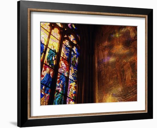 Stained Glass Window Throwing Light on Fresco, St. Vitus Cathedral, Prague, Czech Republic-Richard Nebesky-Framed Photographic Print