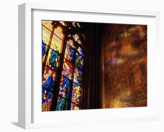 Stained Glass Window Throwing Light on Fresco, St. Vitus Cathedral, Prague, Czech Republic-Richard Nebesky-Framed Photographic Print