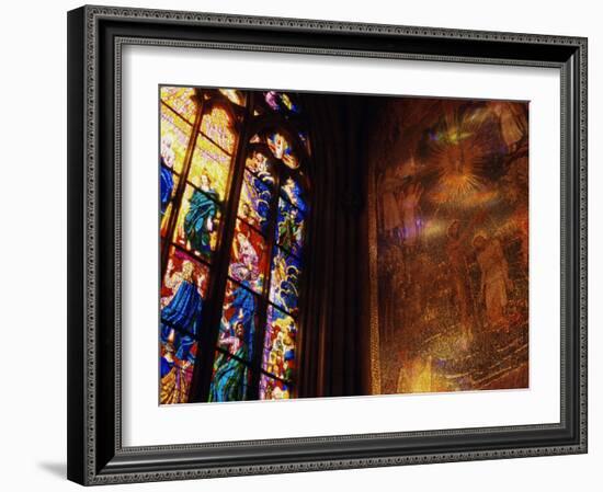 Stained Glass Window Throwing Light on Fresco, St. Vitus Cathedral, Prague, Czech Republic-Richard Nebesky-Framed Photographic Print