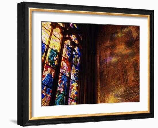 Stained Glass Window Throwing Light on Fresco, St. Vitus Cathedral, Prague, Czech Republic-Richard Nebesky-Framed Photographic Print