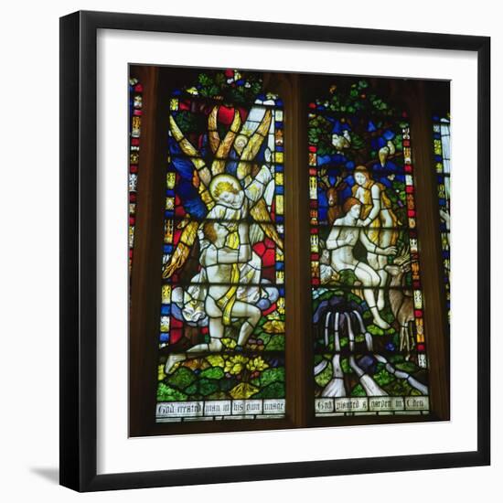 Stained glass windows depicting The Annunciation and Adam and Eve in the Garden of Eden-English School-Framed Giclee Print