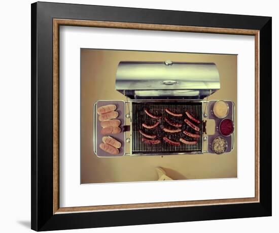 Stainless Steel Barbecue Grill, Upon Which are Buns, Hot Dogs, and Condiments, 1960-Eliot Elisofon-Framed Photographic Print