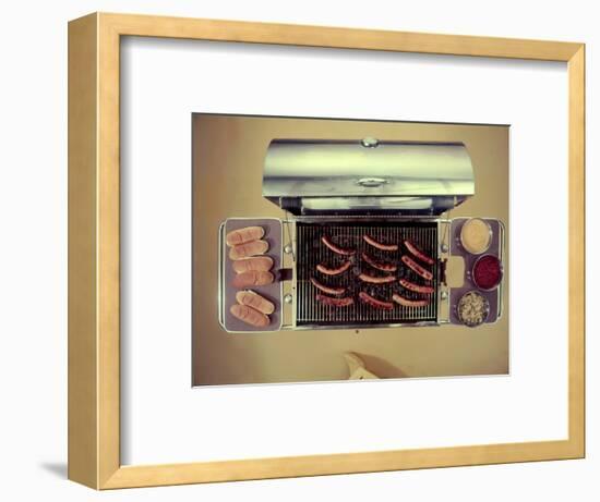 Stainless Steel Barbecue Grill, Upon Which are Buns, Hot Dogs, and Condiments, 1960-Eliot Elisofon-Framed Photographic Print