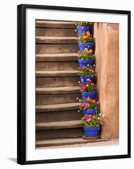 Staircase Decorated with Flower Pots, Santa Fe, New Mexico-Nancy & Steve Ross-Framed Photographic Print