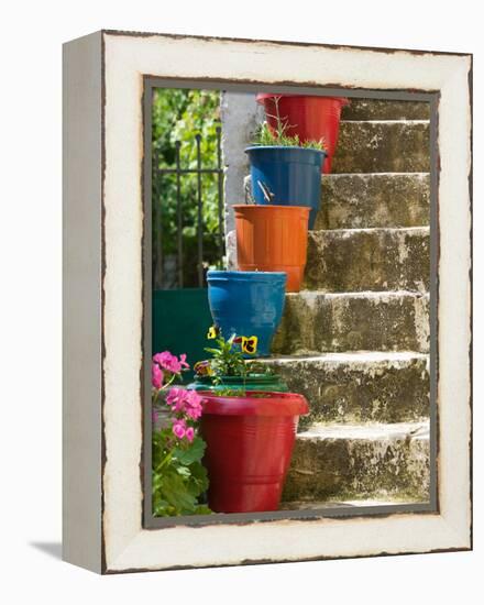 Staircase with Flower Planters, Fiskardo, Kefalonia, Ionian Islands, Greece-Walter Bibikow-Framed Premier Image Canvas