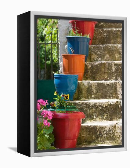 Staircase with Flower Planters, Fiskardo, Kefalonia, Ionian Islands, Greece-Walter Bibikow-Framed Premier Image Canvas