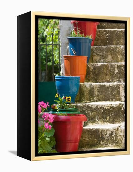 Staircase with Flower Planters, Fiskardo, Kefalonia, Ionian Islands, Greece-Walter Bibikow-Framed Premier Image Canvas