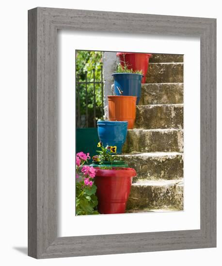 Staircase with Flower Planters, Fiskardo, Kefalonia, Ionian Islands, Greece-Walter Bibikow-Framed Photographic Print