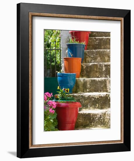 Staircase with Flower Planters, Fiskardo, Kefalonia, Ionian Islands, Greece-Walter Bibikow-Framed Photographic Print